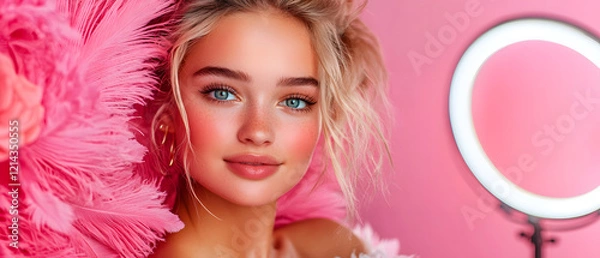 Fototapeta Beauty portrait of a young woman against a pink background studio photography fashion soft lighting aesthetic appeal