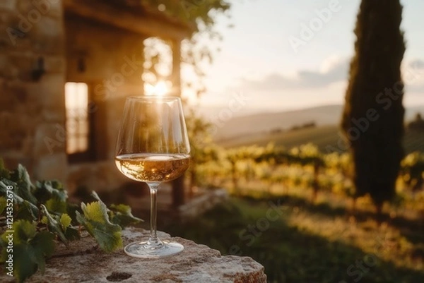 Fototapeta sun-kissed tuscan hillside vineyard at golden hour, crystal wine glass catching light, ancient stone villa, rustic wooden pergola, mediterranean cypress trees