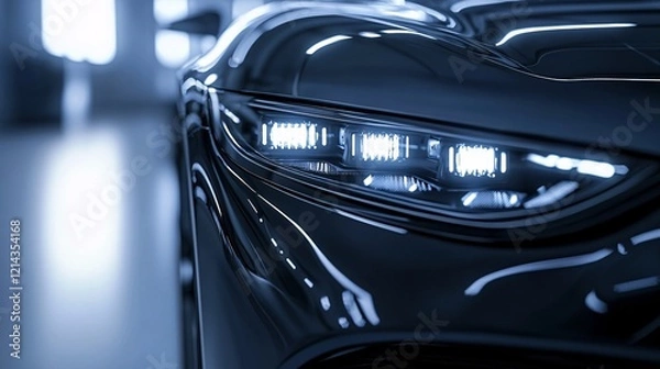 Obraz a black vehicle headlamp with a reflective surface, set against a grey, minimalistic automotive background for a high-tech, sleek look.