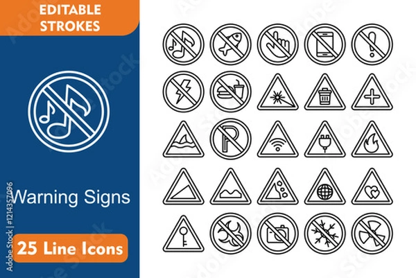 Fototapeta Warning Signs 25 Line Icon Set Included Icons music, parking, globe, love, key, biohazard, no photos, snow, radiactive, no fishing