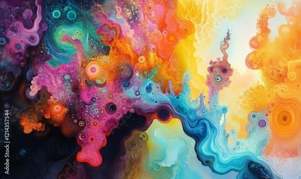 Fototapeta Colorful, abstract painting with a lot of different colors and shapes. The painting has a dreamy, surreal quality to it, with the colors blending
