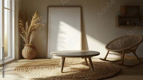 Fototapeta Cozy interior with natural decor and relaxed seating arrangement
