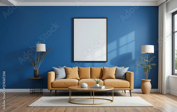 Fototapeta A minimalist living room with a cobalt blue wall, showcasing a framed poster mockup in a pure white frame with a black border. The poster is ISO A paper size.