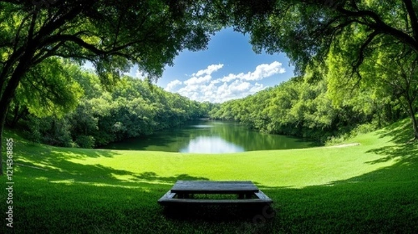 Obraz Peaceful lake view from picnic bench in green park