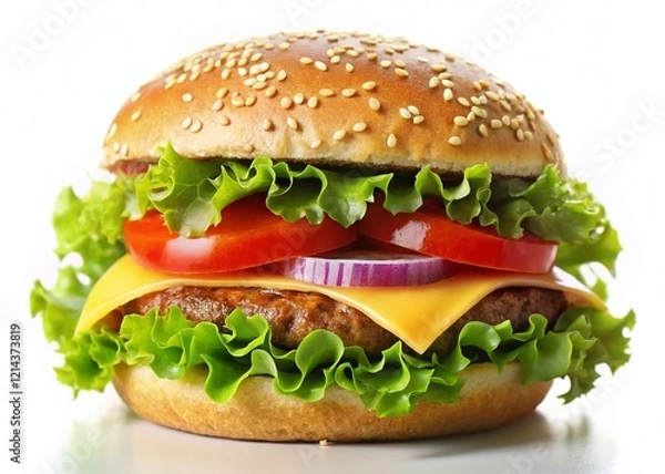 Fototapeta Juicy Hamburger Close-Up: Sesame Bun, Crisp Veggies, White Background
