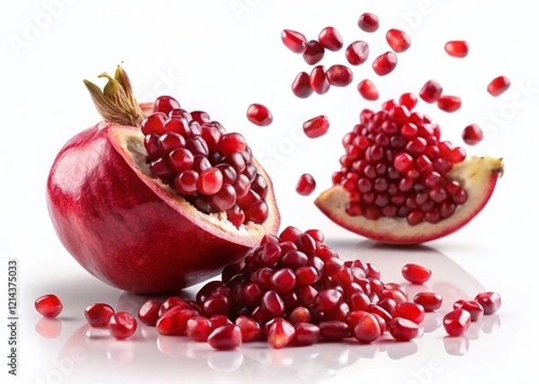 Fototapeta Juicy Pomegranate Seeds Falling Isolated on White Background - Culinary & Health Design