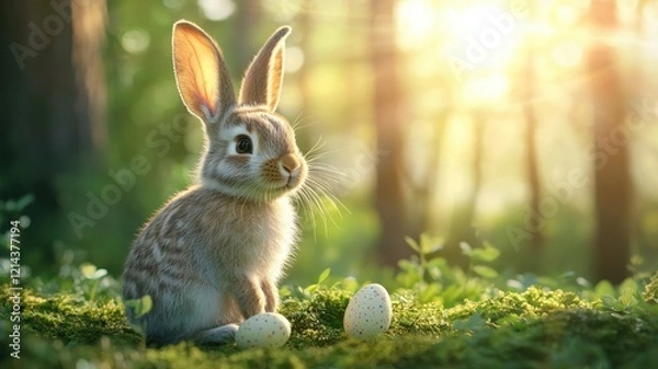Fototapeta Adorable Baby Bunny Rabbit in Spring Forest with Easter Eggs at Sunrise