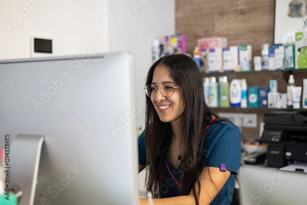 Obraz Young veterinarian smiling and working on desktop computer in a veterinary clinic with shelves full of products in the background