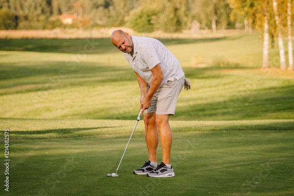 Fototapeta A man concentrating while putting on a golf course surrounded by lush greenery on a sunny day.