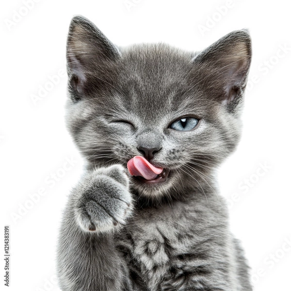 Obraz Isolated Gray Kitten Licking its Mouth