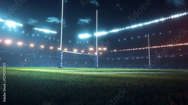 Fototapeta A modern rugby stadium glows under nighttime lighting, featuring a field and goal posts ready for an anticipated match, presented as a horizontal 3D sports illustration