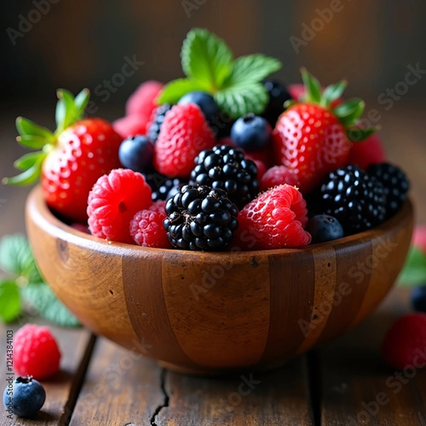 Obraz A wooden bowl filled with a variety of fresh berries, including strawberries, raspberries, blackberries, and blueberries, with sprigs of mint, sitting on a rustic wooden surface.