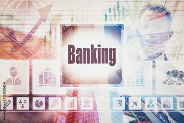 Fototapeta Business Banking concept button on a coloured background