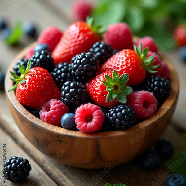 Obraz A wooden bowl filled with a variety of fresh berries, including strawberries, raspberries, blackberries, and blueberries, with sprigs of mint, sitting on a rustic wooden surface