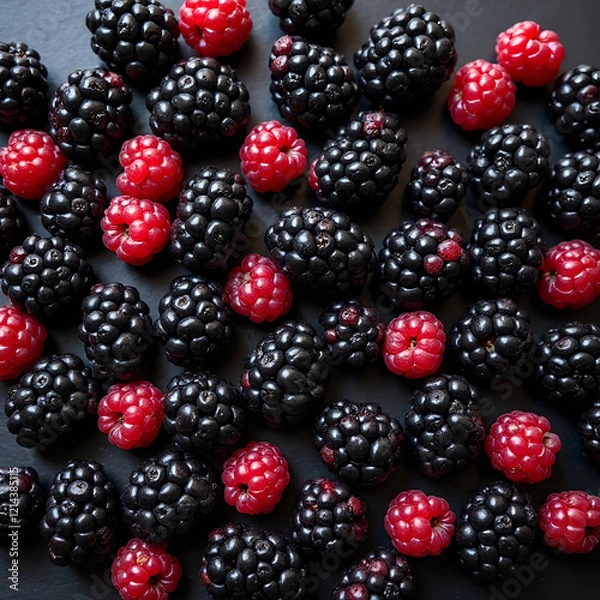 Obraz Background from fresh Blackberries, close up. Lot of ripe juicy wild fruit raw berries lying on the table