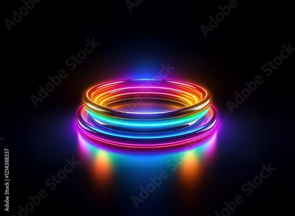 Obraz Vibrant, multicolored neon rings glow in the dark, creating a mesmerizing, concentric circular light display with reflections on a sleek, black surface.  The rings appear stacked and luminous.