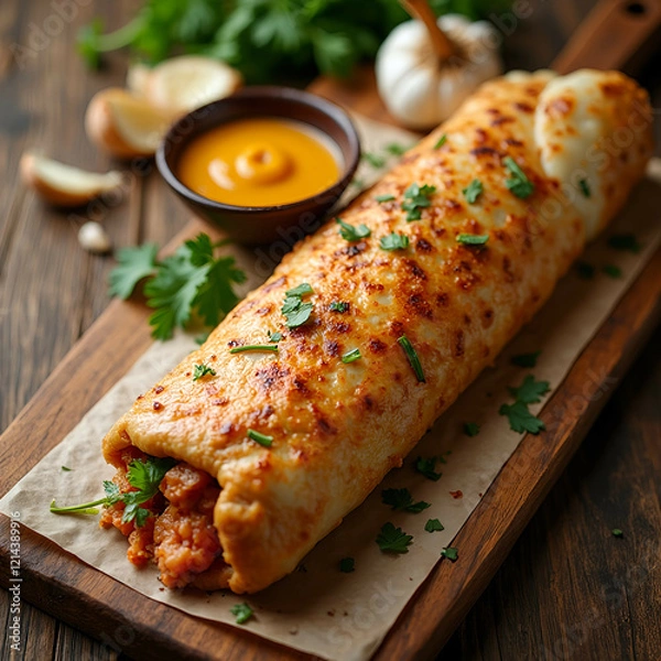 Obraz  Shawarma with chicken and garlic sauce on wooden board. Closeup
