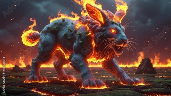 Fototapeta surrealist muscular figure of an angry and vicious 3D render anime rabbit in flames