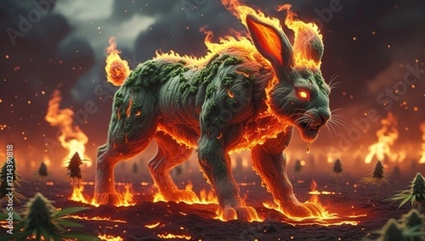 Fototapeta surrealist muscular figure of an angry and vicious 3D render anime rabbit in flames