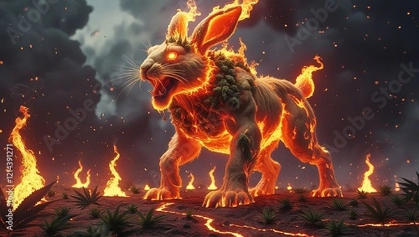 Fototapeta surrealist muscular figure of an angry and vicious 3D render anime rabbit in flames
