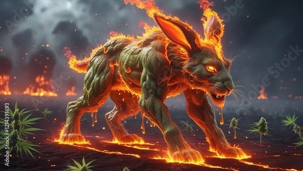 Fototapeta surrealist muscular figure of an angry and vicious 3D render anime rabbit in flames