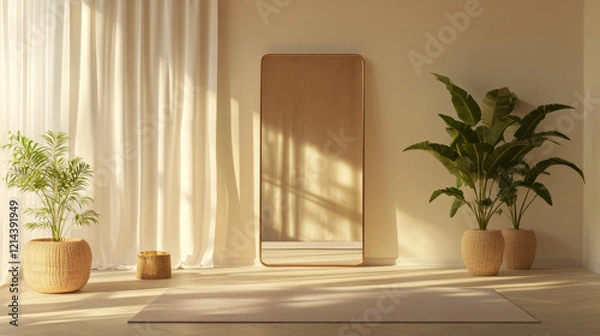 Fototapeta serene yoga room featuring large mirror, potted plants, and soft natural light. warm tones create calming atmosphere, perfect for relaxation and mindfulness