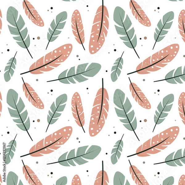 Fototapeta Seamless pattern of hand drawn feathers in soft pastel green and pink colors with polka dots and decorative elements. Ideal for textile design, wallpapers, wrapping paper, and stationery.