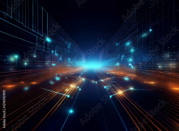 Fototapeta Abstract digital landscape, glowing pathways of interconnected nodes and circuits receding into a bright horizon.  A futuristic, technological scene.