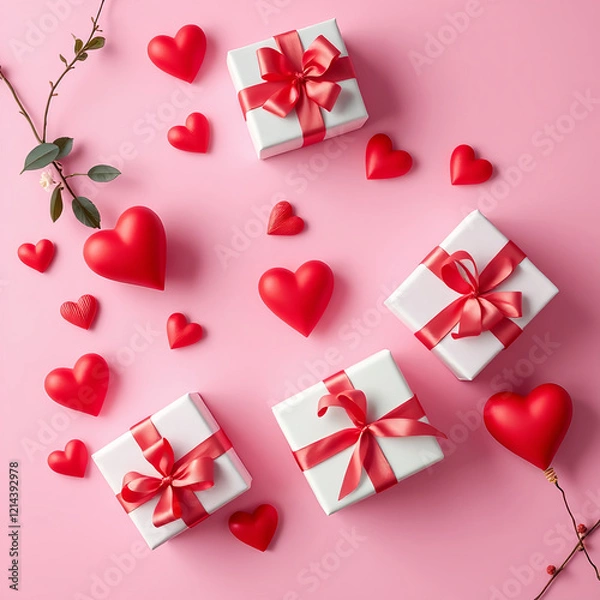 Obraz Valentine's Day flat lay composition with gift boxes and hearts on pastel pink background. Flat lay, top view, copy space.
