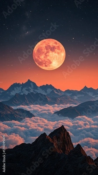 Fototapeta Majestic Orange Moonrise over Snowy Mountain Peaks and Cloudscape