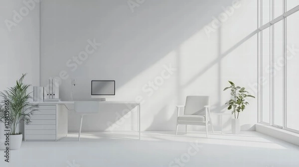 Fototapeta Minimalist Office Design: An immaculate white office space boasts clean lines, a sleek desk, and modern furniture. Sunlight streams in through large windows.