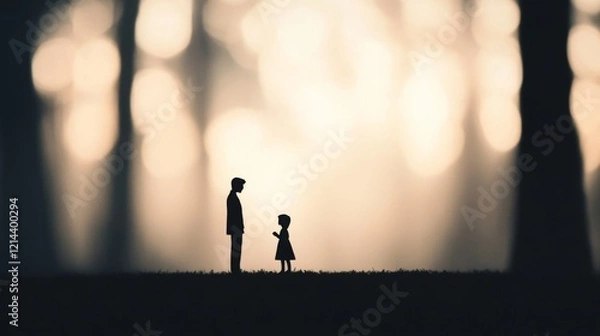 Obraz Silhouette of father and daughter in forest at sunset.