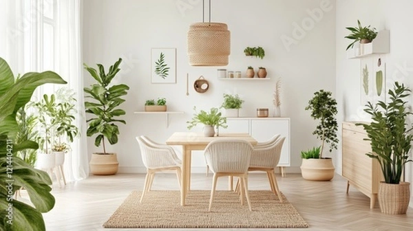 Fototapeta A white room with a table and chairs, and a large potted plant in the corner. The room has a natural and calming atmosphere, with the plants and wooden furniture creating a warm and inviting space