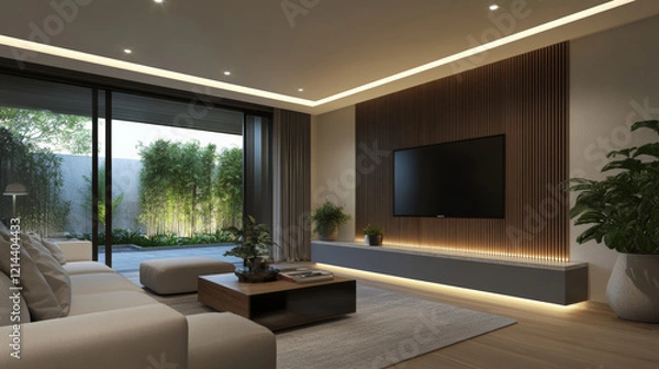 Fototapeta Modern living room with feature wall, vertical stone slats, and large windows. space is bright and inviting, featuring cozy sofa, coffee table, and indoor plants