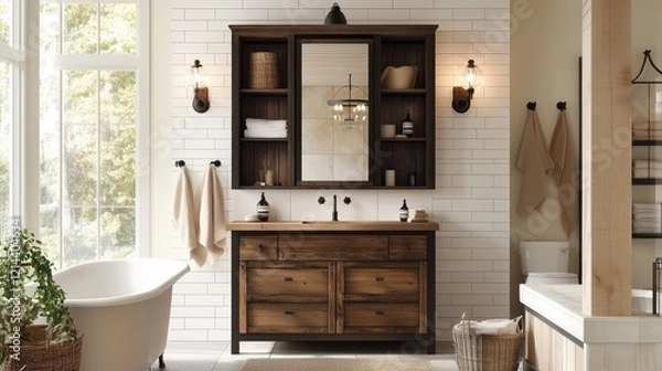 Fototapeta A bathroom with a large sink and a bathtub. The sink is made of wood and the bathtub is white. There are several bottles and a vase on the counter. The bathroom has a rustic and cozy feel