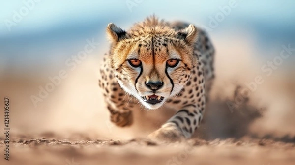 Fototapeta A fierce cheetah captures attention as it runs with intensity, showcasing its powerful muscles and piercing gaze, embodying the essence of wildness and nature's beauty.