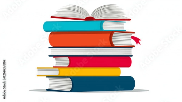 Fototapeta Colorful stack of books with open book on top, perfect for cozy reading atmosphere. Ideal for promoting literacy and book clubs