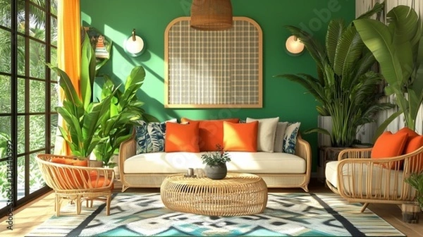 Fototapeta A living room with a green wall and a large plant in the corner. The room is decorated with a variety of furniture, including a couch, chairs, and a coffee table. The room has a tropical feel