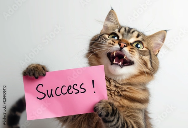 Fototapeta Compliment, congratulations and praise message. Cat showing banner with text " Success ".  Expression of gratefulness, motivation, appreciation.