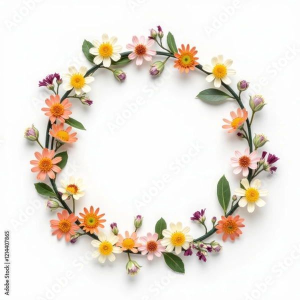 Fototapeta Flower Crown Made of Tiny Wildflowers – A delicate flower crown made of tiny wildflowers, isolated on a white background, embodying natural beauty and simplicity.
