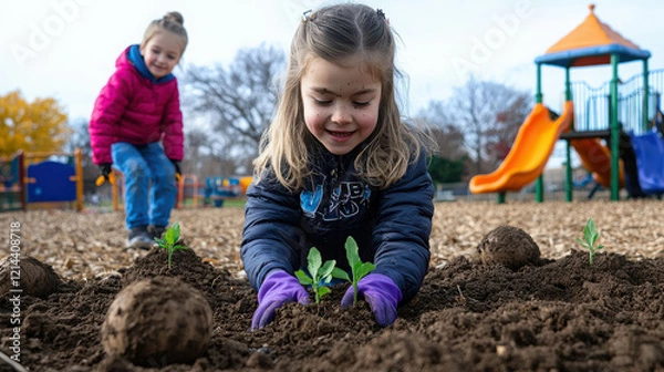 Fototapeta Children Engaging in Gardening Activities in a Schoolyard Playground Setting