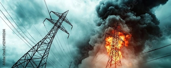Obraz A dramatic scene featuring power lines amidst a fiery explosion and dark storm clouds, illustrating the chaos of nature and technology.