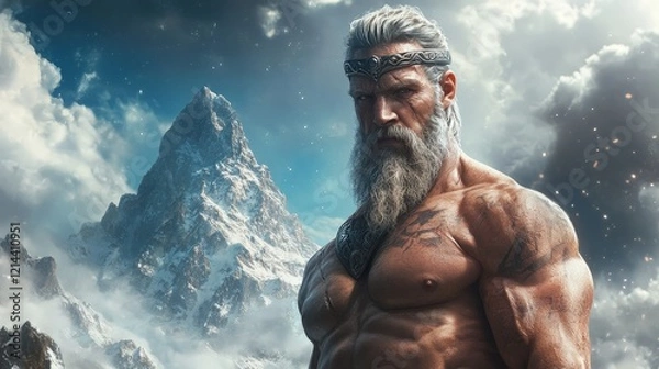 Obraz A powerful ancient god on a mountain, showcasing strength and mythology. Perfect for fantasy storytelling, creative design projects, and historical myth-based themes.