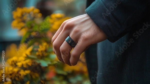 Obraz Smart ring resting on the index finger, symbolizing innovation and modern wearable technology in a simple, clean environment.