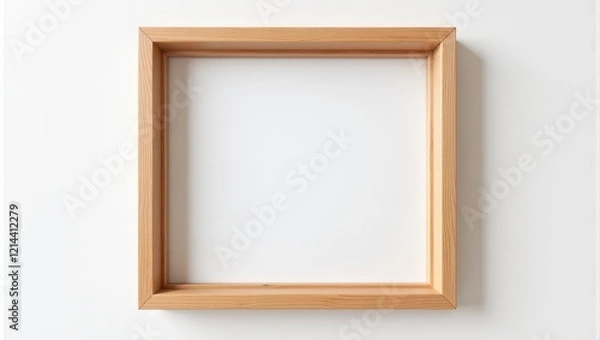 Fototapeta Centered on a pristine white wall, this light brown wooden picture frame captivates with its eye-level charm and intricate horizontal plank design, offering an inviting focal point for cherished memor