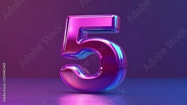 Obraz Glossy number five reflecting purple and blue hues under vibrant neon lighting