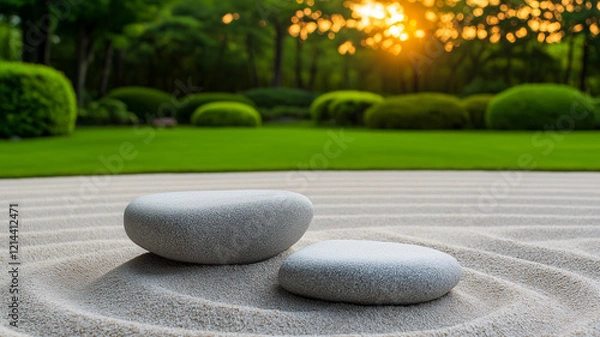 Fototapeta Serene Japanese rock garden at sunset with smooth stones and raked sand, creating peaceful atmosphere. warm glow of sun enhances tranquil setting