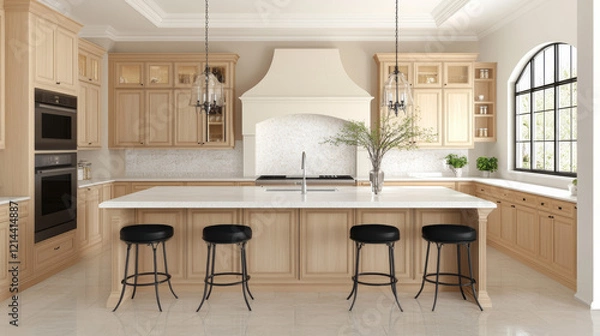Obraz Elegant kitchen with light oak cabinets, white stone countertops, and modern appliances, creating warm and inviting atmosphere
