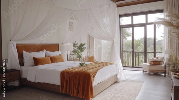 Fototapeta cozy traditional bedroom featuring walnut wood bed, soft white linens, and warm orange accents. room is bright and airy, with large windows offering view of nature