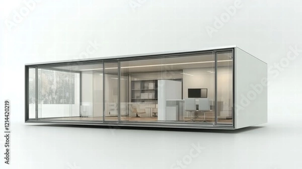 Fototapeta Modern Minimalist Prefab Home:  A sleek and modern prefabricated home with large glass panels showcasing a minimalist interior design.